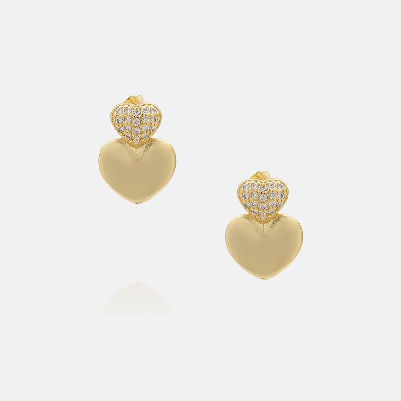 simple heart goldplated zircon stud earrings