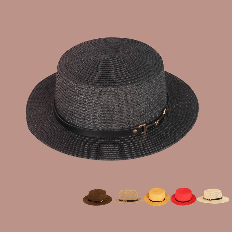 Retro black sunshade wide brim flattop straw hat