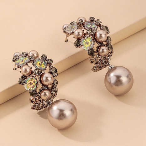 Nihaojewelry jewelry wholesale retro style pearl inlaid rhinestone flower earrings's discount tags