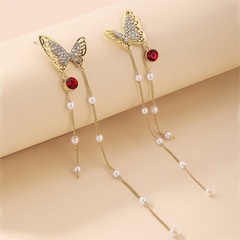 Nihaojewelry jewelry wholesale retro pearl rhinestone butterfly tassel earrings