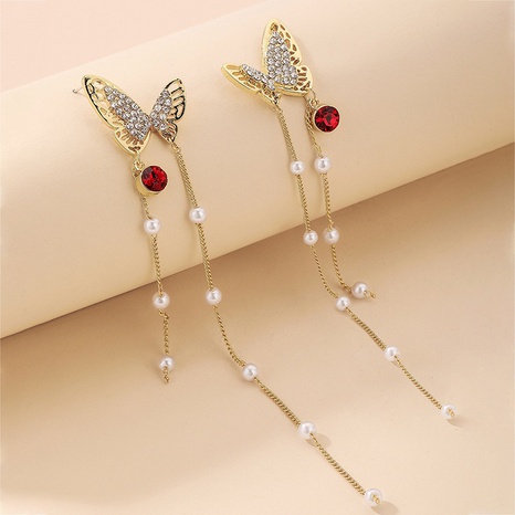 Nihaojewelry jewelry wholesale retro pearl rhinestone butterfly tassel earrings's discount tags