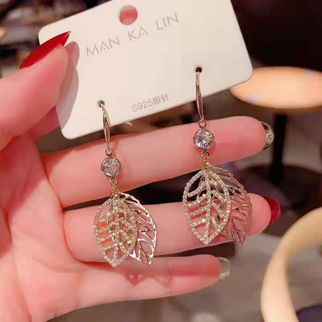 nihaojewelry korean style hollow double leaf inlaid rhinestone earrings wholesale jewelry's discount tags