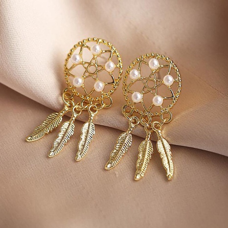 nihaojewelry Korea's style hollow pearl feather pendant tassel earrings wholesale jewelry's discount tags