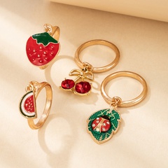 Nihaojewelry wholesale jewelry new cherry watermelon strawberry ladybug oil drip ring 4-piece set