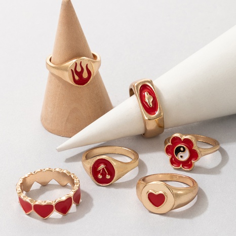 Nihaojewelry joyería al por mayor nueva gota roja aceite corazón flor cereza patrón de fuego anillo conjunto de 6 piezas's discount tags