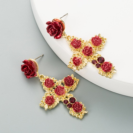 Nihaojewelry Barockstil Rose Blume Kreuz Strass lange Ohrringe Großhandel Schmuck's discount tags