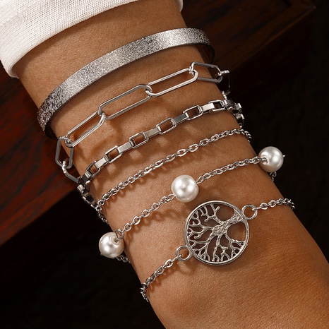 Nihaojewelry wholesale jewelry retro silver chain lucky tree multi-layer bracelet 6 sets's discount tags