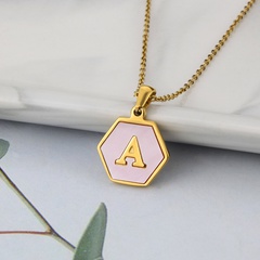 wholesale jewelry simple hexagonal pink shell 26 letter pendant stainless steel necklace nihaojewelry