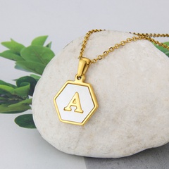 wholesale jewelry simple hexagonal white shell 26 letter pendant stainless steel necklace nihaojewelry