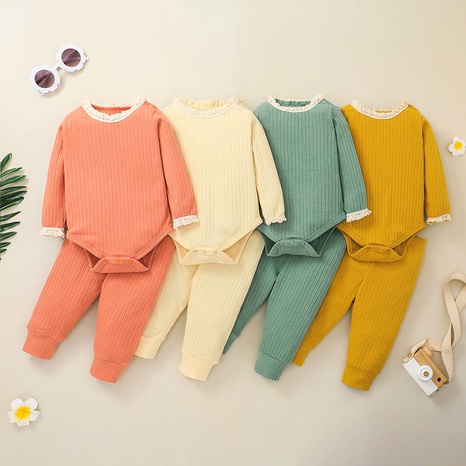 Nihaojewelry solid color long-sleeved one-piece romper two-piece children's set wholesale  NHLF384468's discount tags