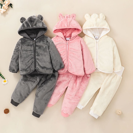 Nihaojewelry thick cute children's hooded zipper jacket trousers two-piece set wholesale NHLF384473's discount tags
