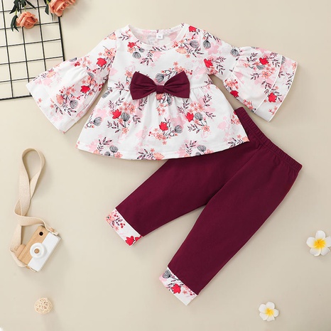 wholesale printing long-sleeved bow children's T-shirt trousers set nihaojewelry  NHLF384498's discount tags