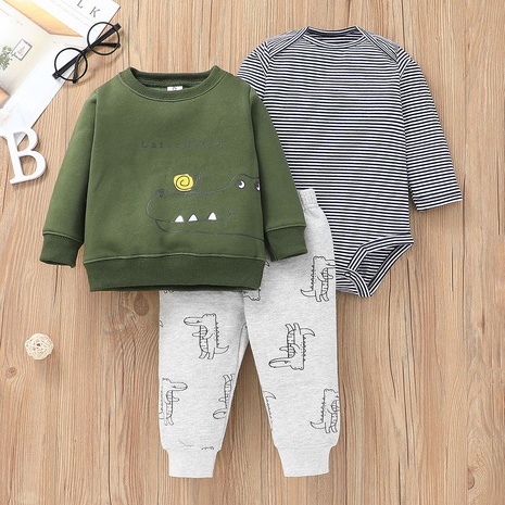 wholesale cartoon dragon long-sleeved children's sweater striped romper trousers three-piece set nihaojewelry  NHLF384515's discount tags