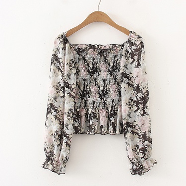 retro floral pleated long-sleeved chiffon short shirt—3