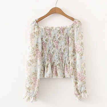retro floral pleated long-sleeved chiffon short shirt—4