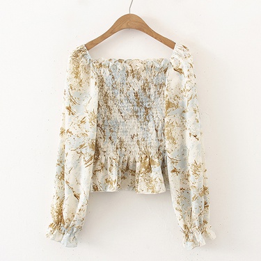 retro floral pleated long-sleeved chiffon short shirt—5