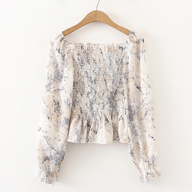 retro floral pleated long-sleeved chiffon short shirt—6