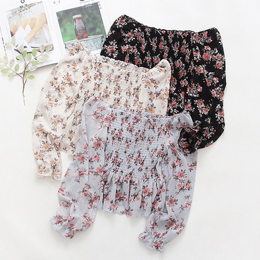 Spring and summer new sexy small floral chiffon shirt long-sleeved off-shoulder one-shoulder top—2
