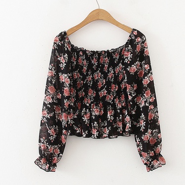 Spring and summer new sexy small floral chiffon shirt long-sleeved off-shoulder one-shoulder top—3