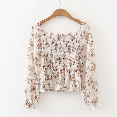 Spring and summer new sexy small floral chiffon shirt long-sleeved off-shoulder one-shoulder top—4