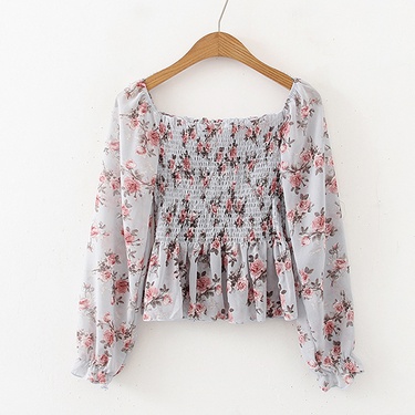 Spring and summer new sexy small floral chiffon shirt long-sleeved off-shoulder one-shoulder top—5