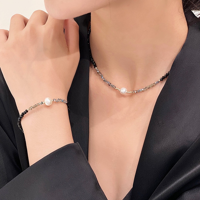 Nihaojewelry wholesale jewelry simple freshwater pearl black crystal bracelet necklace