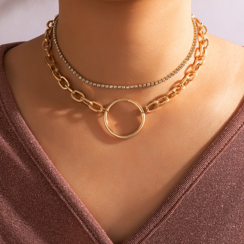 Nihaojewelry wholesale jewelry punk hollow big circle pendant rhinestone double layer necklace