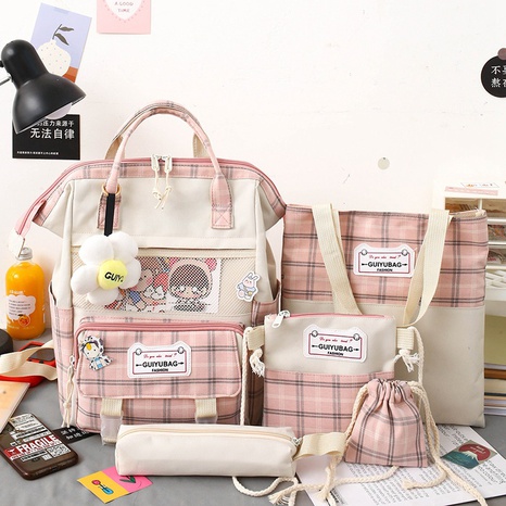 wholesale five-piece canvas plaid large capacity backpack Nihaojewelry NHGA386347's discount tags