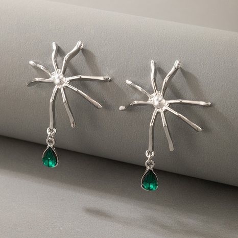 Nihaojewelry wholesale jewelry new simple silver spider shape green rhinestone earrings's discount tags