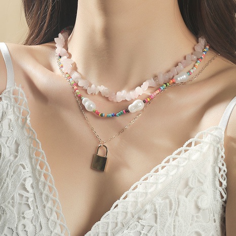 wholesale bijoux bohème pierre perles de riz serrure pendentif collier multicouche nihaojewelry's discount tags