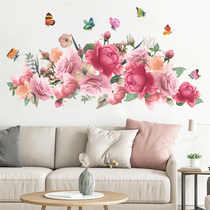 nihaojewelry Grohandel Mode rosa Aquarell Pfingstrose Blume Schmetterling Schlafzimmer Wandaufkleber