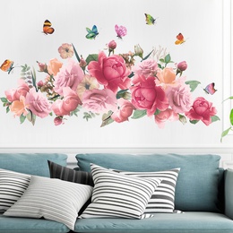 nihaojewelry Grohandel Mode rosa Aquarell Pfingstrose Blume Schmetterling Schlafzimmer Wandaufkleberpicture12