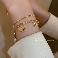 wholesale jewelry retro pearl diamond heart double-layer bracelet Nihaojewelry