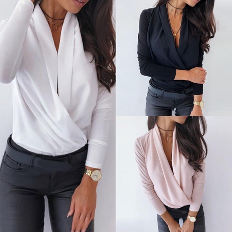 wholesale solid color deep V long-sleeved shirt nihaojewelry's discount tags