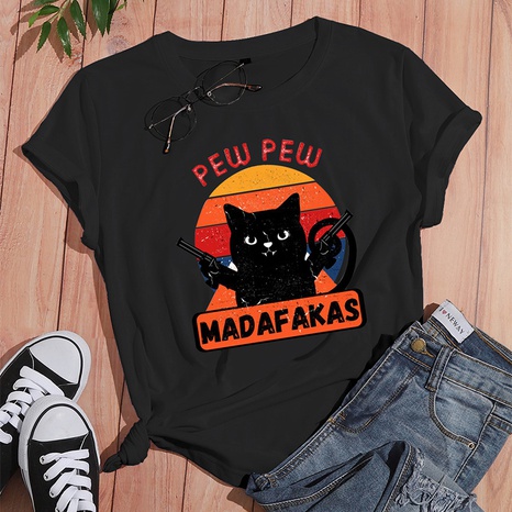wholesale casual cartoon black cat print short-sleeved T-shirt nihaojewelry's discount tags