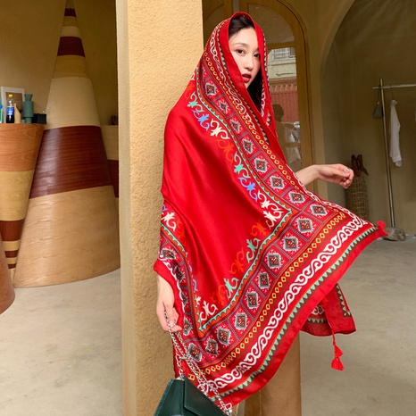 Ethnic Style Shawl Scarf Dual-Use Sun Protection by the Sea Beach Scarf Red Large Gauze Scarf Female Desert Travel Photography Summer's discount tags