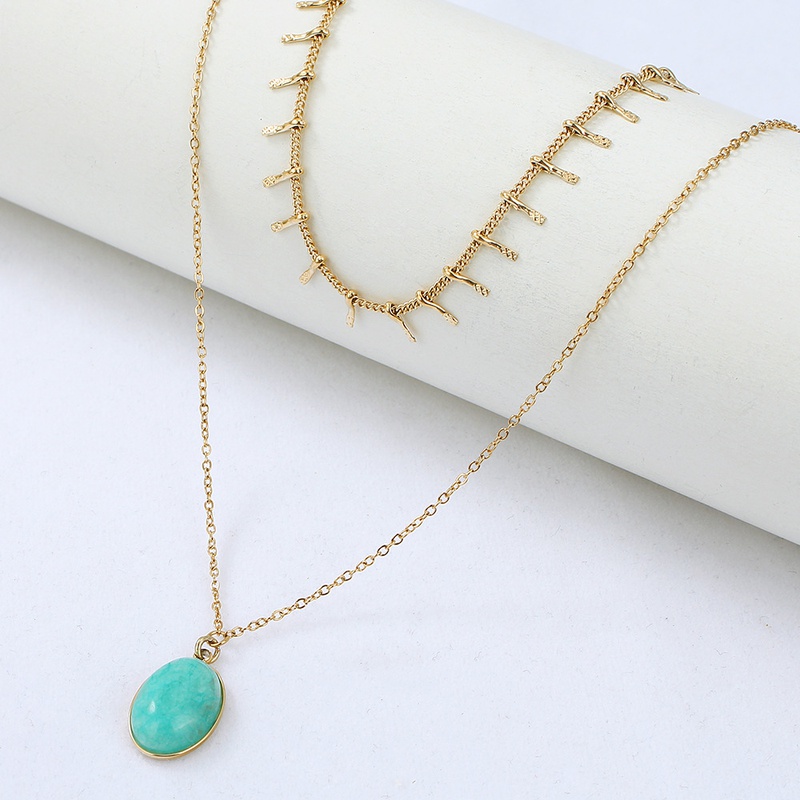 turquoise oval pendant stainless steel doublelayer bohemian style necklace wholesale Nihaojewelry