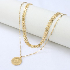 round tag stainless steel pendant leaf chain retro double layered necklace wholesale Nihaojewelry