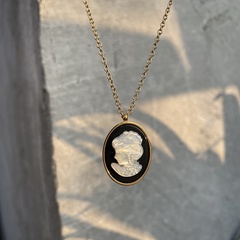 wholesale jewelry black white oval shell portrait pendant titanium steel necklace nihaojewelry