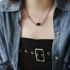 wholesale jewelry black diamond square pendant thick chain titanium steel necklace nihaojewelry