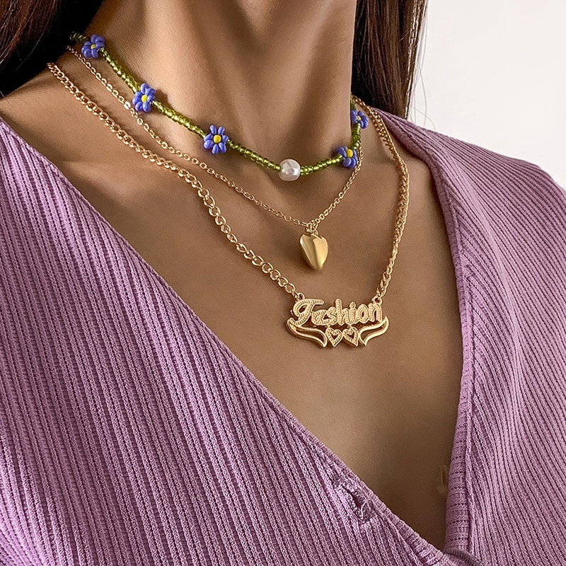 Grohandel Schmuck Buchstaben Herzform Retro Nachahmung Perle Blume Reis Perlen Halskette Set Nihaojewelry