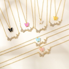 Großhandel Schmuck Schmetterling Intarsien Diamant Anhänger Doppelschicht Halskette nihaojewelry
