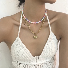 Großhandel Schmuck Farbe Perlen herzförmige Anhänger Doppelschicht Halskette nihaojewelry