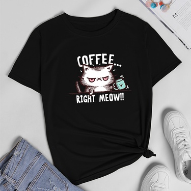 cartoon coffee cat print short-sleeved T-shirt—1