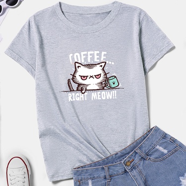cartoon coffee cat print short-sleeved T-shirt—2