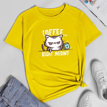 cartoon coffee cat print short-sleeved T-shirt—3