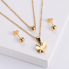 titanium steel round bead earrings double chain butterfly pendant necklace set wholesale Nihaojewelry
