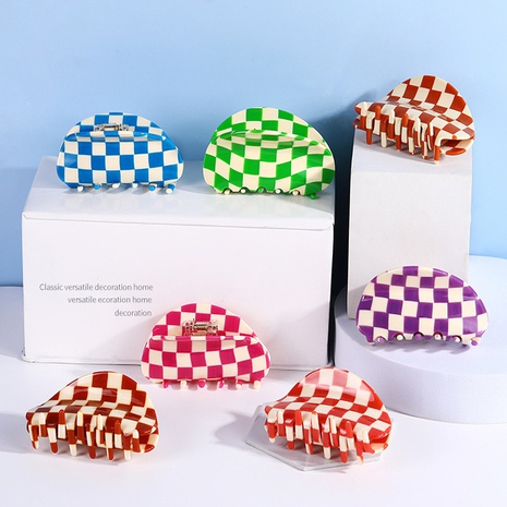 Wholesale acetic acid semicircle catch clip color checkerboard girl hair catch shark clip's discount tags