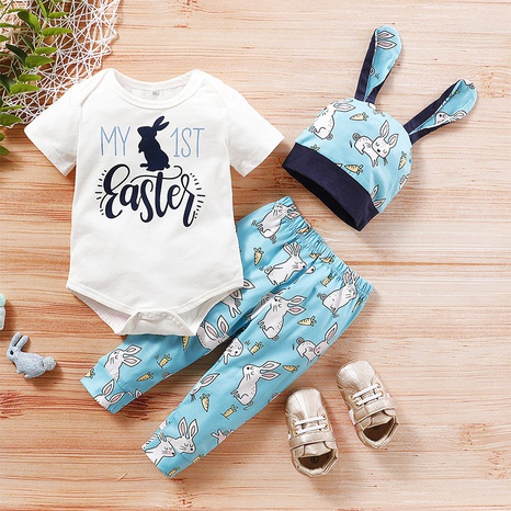 wholesale children's rabbit printing short-sleeved trousers romper 3-piece set Nihaojewelry NHLF392241's discount tags