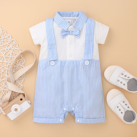 wholesale baby blue stripe bow short-sleeved two-piece romper Nihaojewelry NHLF392290's discount tags